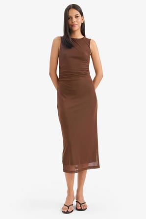 DeFacto Bodycon Vücudu Saran Yuvarlak Yaka Tül Kolsuz Mıdı Elbise D8036AX25AUBN320