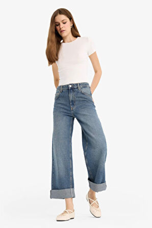 Baggy Fit Yüksek Bel Katlamalı Paça Jean Pantolon