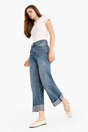 Baggy Fit Yüksek Bel Katlamalı Paça Jean Pantolon