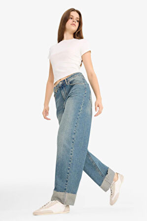 Baggy Fit Yüksek Bel Katlamalı Paça Jean Kar Yıkamalı Pantolon