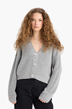 Regular Fit V Yaka Düğmeli Triko Hırka