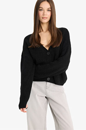 Regular Fit V Yaka Düğmeli Triko Hırka