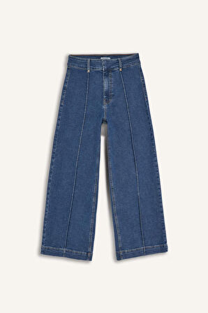 Culotte Yüksek Bel Crop Fit Crop Jean Kar Yıkamalı Pantolon