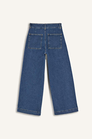 Culotte Yüksek Bel Crop Fit Crop Jean Kar Yıkamalı Pantolon