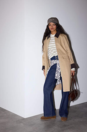 Regular Fit Kontrast Yaka Cepli Çıtçıtlı Pamuklu Trençkot