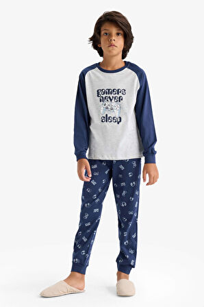 Erkek Çocuk Pijama Takımı Baskılı Uzun Kollu Üst Uzun Alt