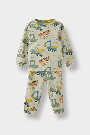 Erkek Bebek Pijama Takımı Araç Baskılı Uzun Kollu Üst Uzun Alt