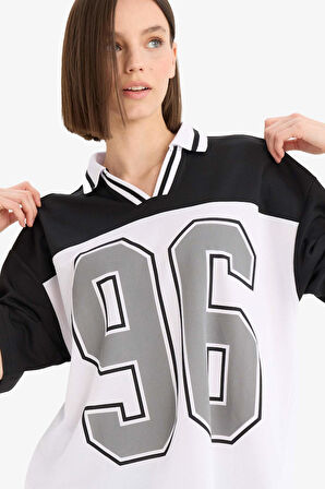 DeFacto Coool Oversize Geniş Kalıp Polo Yaka Baskılı Forma Kumaşı Kısa Kollu Tişört F1968AX25SMWT34