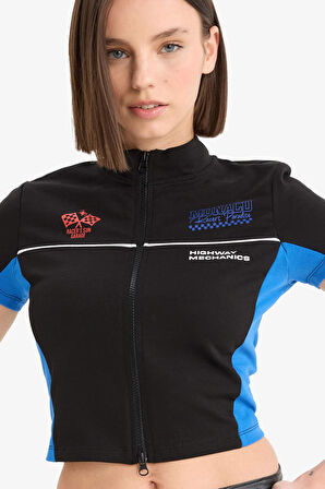 DeFacto Coool Fitted Fermuarlı Dik Yaka Baskılı Kısa Kollu Hırka F1969AX25SMBK27