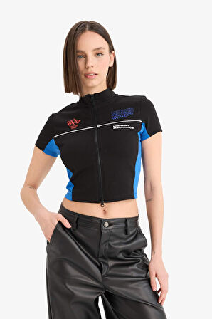 DeFacto Coool Fitted Fermuarlı Dik Yaka Baskılı Kısa Kollu Hırka F1969AX25SMBK27