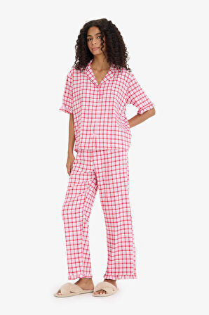 Pijama Takımı Kareli Kısa Kollu Üst Uzun Alt-Fall in Love