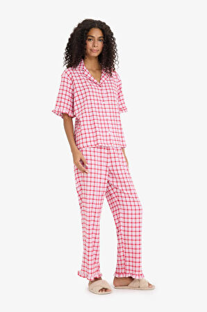 Pijama Takımı Kareli Kısa Kollu Üst Uzun Alt-Fall in Love