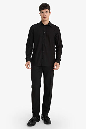 Slim Fit Dar Kesim Polo Yaka Penye Uzun Kollu Gömlek