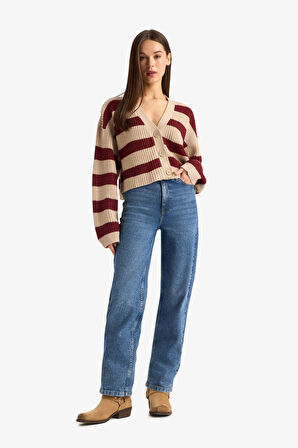 Regular Fit V Yaka Çizgili Triko Hırka