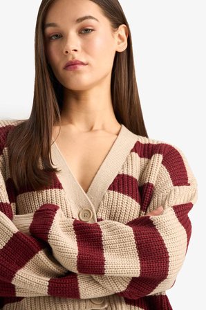 DeFacto Regular Fit V Yaka Çizgili Düğmeli Triko Hırka Z8539AZ25WNBG644