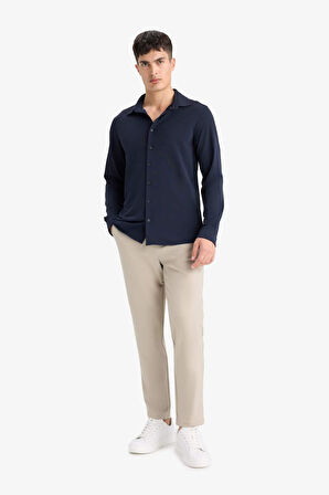 Slim Fit Dar Kesim Polo Yaka Pike Uzun Kollu Gömlek