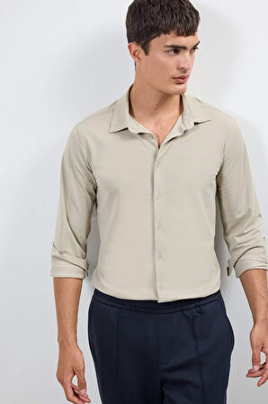 Slim Fit Dar Kesim Polo Yaka Pike Uzun Kollu Gömlek