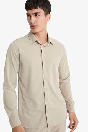 Slim Fit Dar Kesim Polo Yaka Pike Uzun Kollu Gömlek