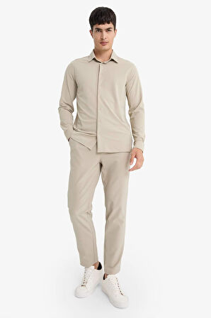 Slim Fit Dar Kesim Polo Yaka Pike Uzun Kollu Gömlek