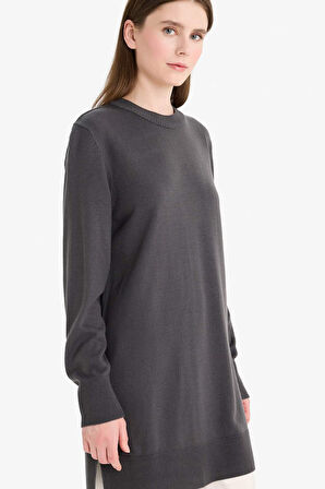 DeFacto Regular Fit Bisiklet Yaka Yırtmaçlı Basic Düz Uzun Kollu Tunik H3431AZ25WNAR161
