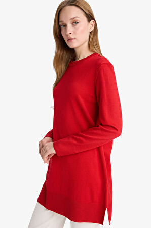 DeFacto Regular Fit Bisiklet Yaka Yırtmaçlı Basic Düz Uzun Kollu Tunik H3431AZ25WNRD59