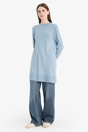 Regular Fit Bisiklet Yaka Yırtmaçlı Basic Düz Uzun Kollu Tunik