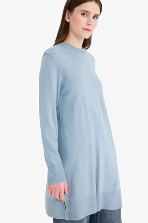 Regular Fit Bisiklet Yaka Yırtmaçlı Basic Düz Uzun Kollu Tunik