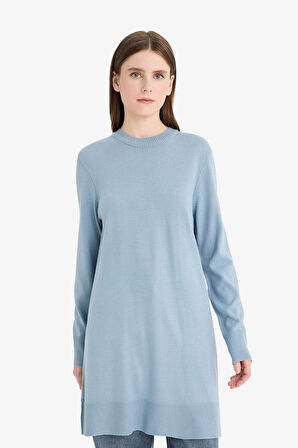 Regular Fit Bisiklet Yaka Yırtmaçlı Basic Düz Uzun Kollu Tunik
