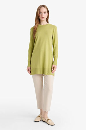 Regular Fit Bisiklet Yaka Yırtmaçlı Basic Düz Triko Kazak Tunik