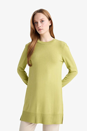 Regular Fit Bisiklet Yaka Yırtmaçlı Basic Düz Triko Kazak Tunik