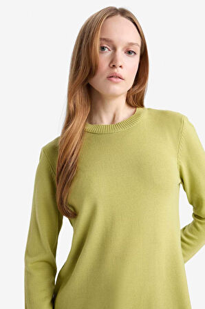 Regular Fit Bisiklet Yaka Yırtmaçlı Basic Düz Triko Kazak Tunik