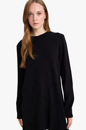 Regular Fit Bisiklet Yaka Yırtmaçlı Basic Düz Tunik