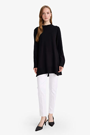 Regular Fit Bisiklet Yaka Yırtmaçlı Basic Düz Tunik