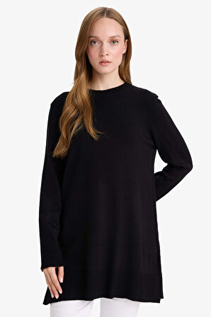 Regular Fit Bisiklet Yaka Yırtmaçlı Basic Düz Tunik