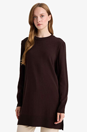 DeFacto Regular Fit Bisiklet Yaka Yırtmaçlı Basic Düz Uzun Kollu Tunik H3431AZ25WNBN340