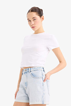 Mom Fit Yüksek Bel Katlamalı Paça Jean Şort