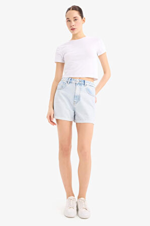 Mom Fit Yüksek Bel Katlamalı Paça Jean Şort