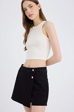 Yüksek Bel Jean Şort Etek