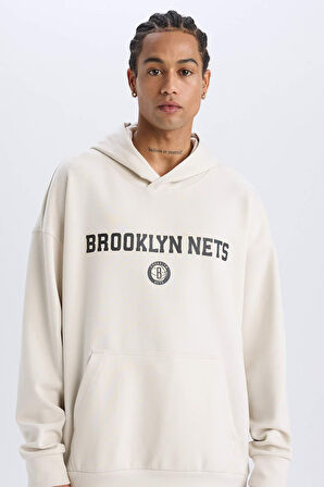 DeFactoFit NBA Brooklyn Nets Oversize Geniş Kalıp Kapüşonlu Sırt Baskılı Skuba Dalgıç Kumaş Sweatshirt D6711AX25SPBG662