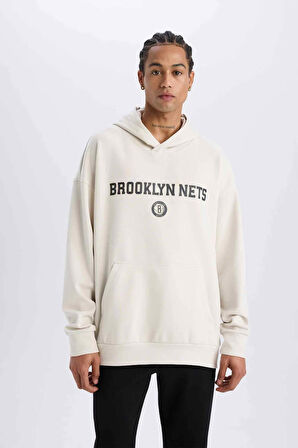 DeFactoFit NBA Brooklyn Nets Oversize Geniş Kalıp Kapüşonlu Sırt Baskılı Skuba Dalgıç Kumaş Sweatshirt D6711AX25SPBG662