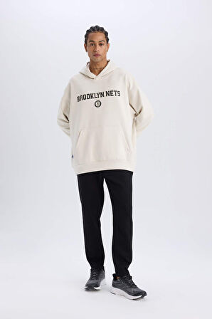 DeFactoFit NBA Brooklyn Nets Oversize Geniş Kalıp Kapüşonlu Sırt Baskılı Skuba Dalgıç Kumaş Sweatshirt D6711AX25SPBG662