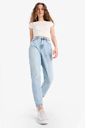 Lina Lina Mom Fit Yırtık Detaylı Yüksek Bel Düz Paça Uzun Jean Pantolon