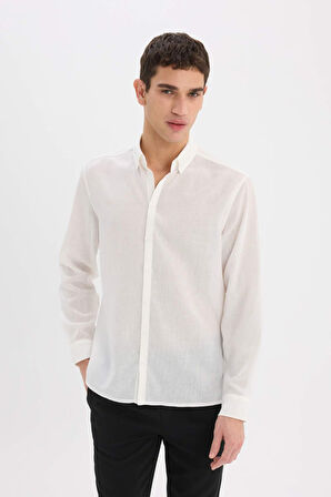 DeFacto Regular Fit Polo Yaka Keten Görünümlü Uzun Kollu Beyaz Gömlek E1204AX25SMWT32