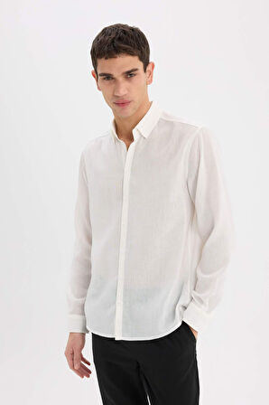 DeFacto Regular Fit Polo Yaka Keten Görünümlü Uzun Kollu Beyaz Gömlek E1204AX25SMWT32