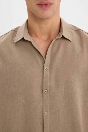 Regular Fit Polo Yaka Keten Görünümlü Uzun Kollu Gömlek