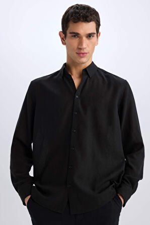 DeFacto Regular Fit Polo Yaka Keten Görünümlü Uzun Kollu Siyah Gömlek E1204AX25SMBK27