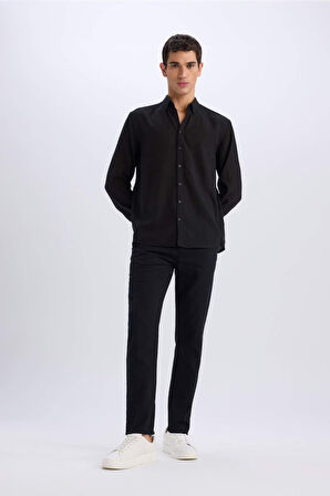 DeFacto Regular Fit Polo Yaka Keten Görünümlü Uzun Kollu Siyah Gömlek E1204AX25SMBK27