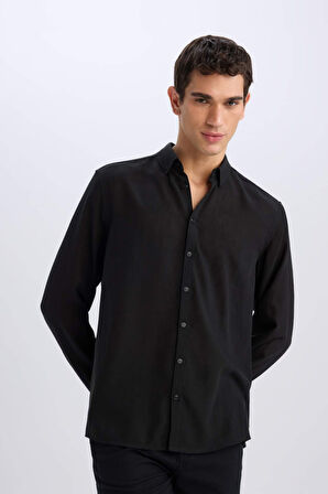 DeFacto Regular Fit Polo Yaka Keten Görünümlü Uzun Kollu Siyah Gömlek E1204AX25SMBK27