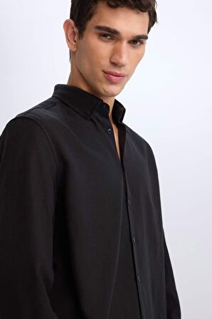 Regular Fit Polo Yaka Keten Görünümlü Uzun Kollu Gömlek