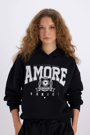 DeFacto Loose Fit Kapüşonlu Baskılı Kalın Sweatshirt E3330AXNSBK81